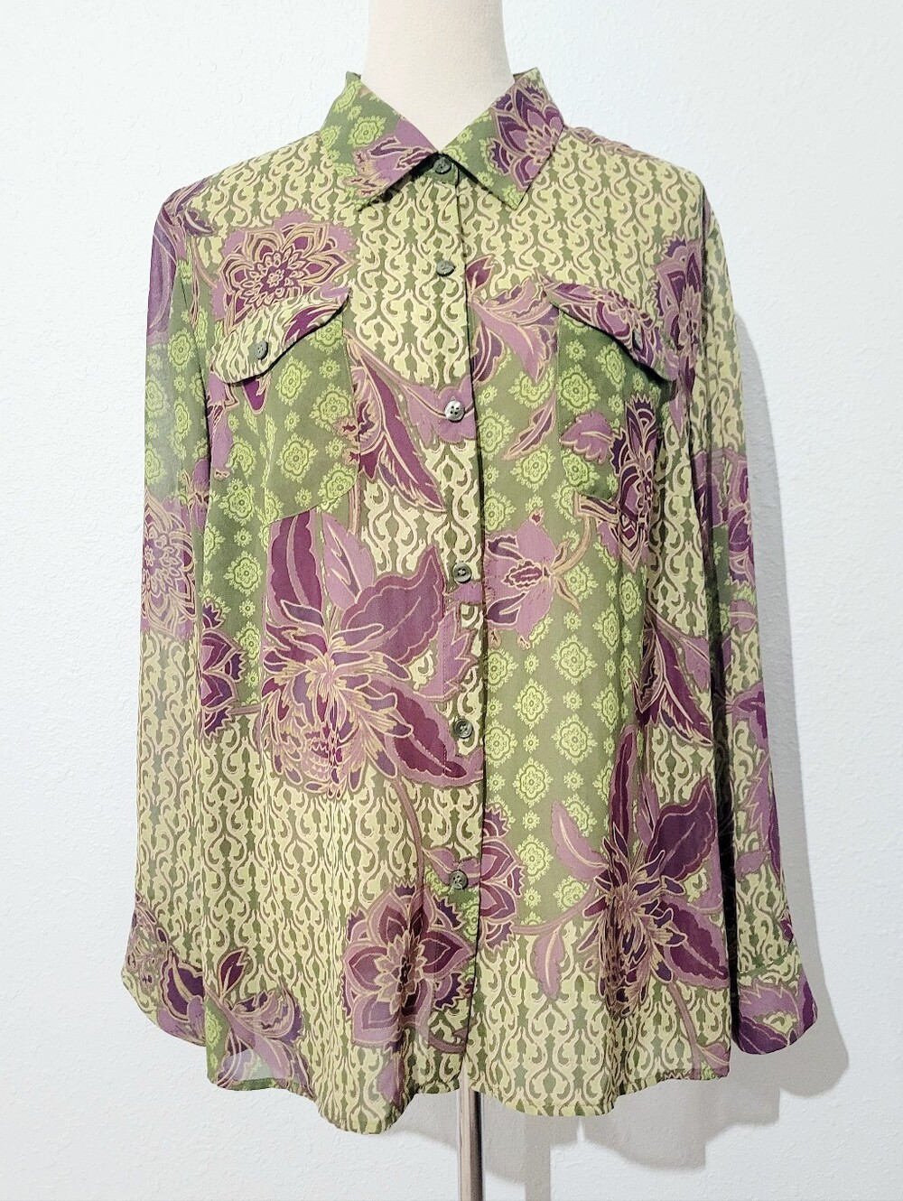 Evan-Picone Woman Size1X Floral Button Front Blouse Green Purple Boho Career Top - Picture 2 of 12
